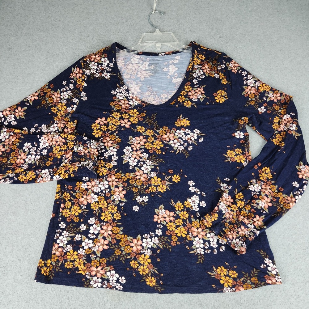 Maurices Top Womens L Navy Floral Viscose Stretch Smocked Cuff Boho Long Sleeve